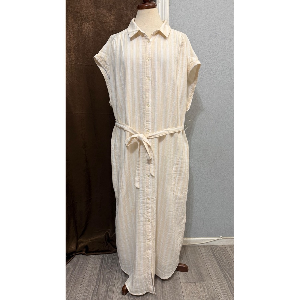 Old Navy Maxi Cotton Shirtdress XXL Tall Fully Lined Striped Gauze Cream Beige